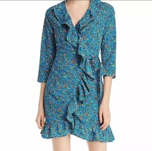 Alison Andrews Floral Wrap Dress Sz L Mini Ruffle Tie Bow Teal 3/4 Sleeve